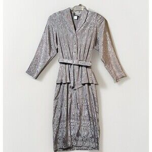Vintage DLM Silver Gray Midi Dress Womens 11/12 Belted Peplum Long Sleeve Party
